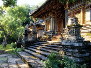 Fototapeta premium Beautiful Balinese temple adorned with colorful offerings and lush greenery under soft sunlight