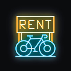 Glowing neon sign advertising bicycle rentals, featuring a bright, eye catching design
