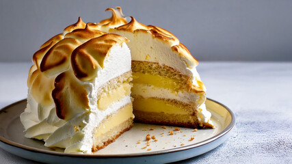 Tall baked Alaska sliced open on ceramic plate, copy space