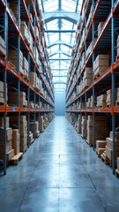 Fototapeta premium A spacious industrial warehouse with metal shelves stocked high with cardboard boxes.