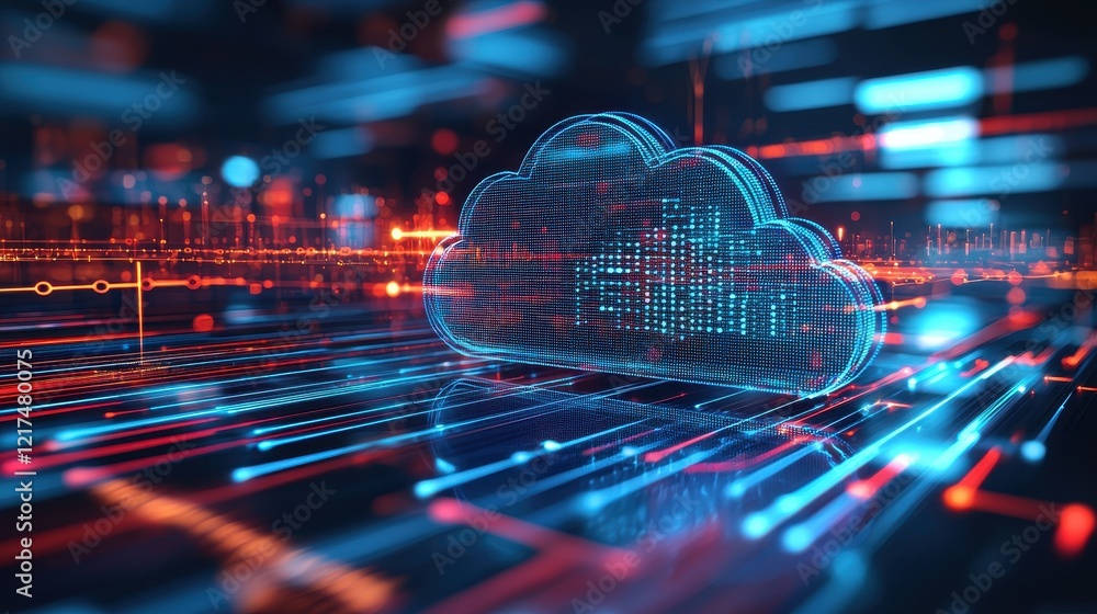 Poster remote computing nodes surrounding a digital cloud in a futuristic environment