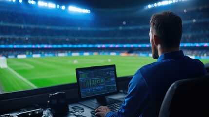 Sports Analyst Observing Live Football Match from Control Room with Data Analysis Monitor Display