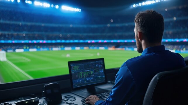 Sports Analyst Observing Live Football Match from Control Room with Data Analysis Monitor Display