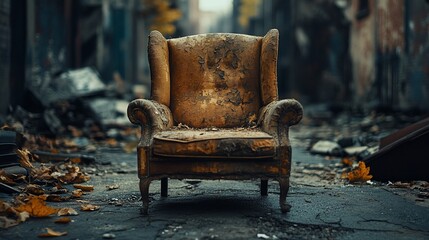 Abandoned armchair in a destroyed alleyway