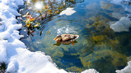 Fototapeta premium Thawing snow duck swimming in pond, serene winter morning