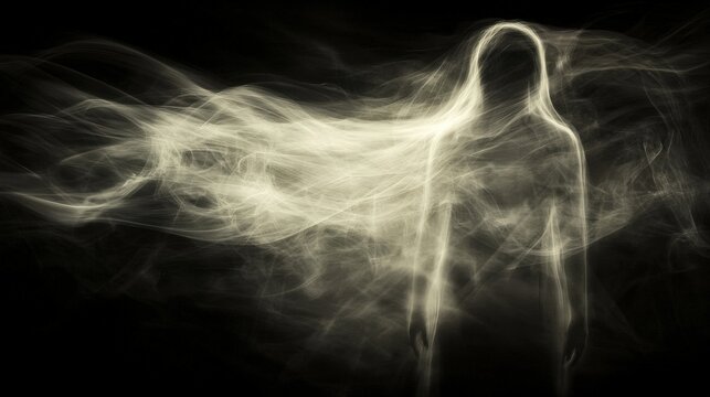 Ethereal silhouette of a human-like figure emerging from swirling smoke against a dark backdrop, exuding a surreal and mystical atmosphere. Perfect for abstract and fantasy-inspired themes.