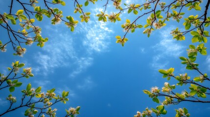 Obraz premium Spring branches framing vibrant blue sky with wispy clouds