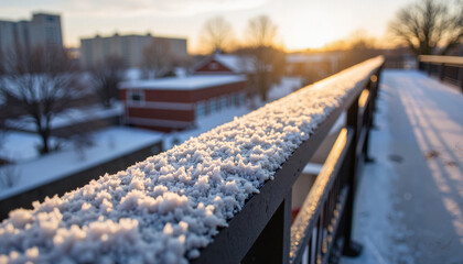 Morning frost on metal railing at sunrise, urban tranquility