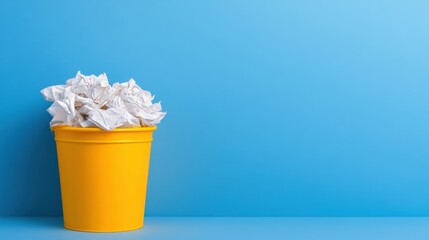 Crumpled Paper Balls in Bright Yellow Trash Bin Against Light Blue Background for Creative Office Concepts