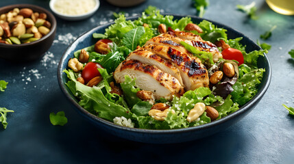 Gourmet Healthy Meal Plate with Fresh Salad Fish Chicken and Vegetables