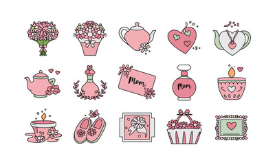 Set of Vector Illustrations Featuring Mothers Day Gifts and Floral Decorations