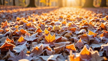 Morning frost on autumn leaves, golden light illuminating nature