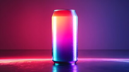 Vibrant Gradient Drink Can Glowing on Futuristic Neon Surface for Product Advertising