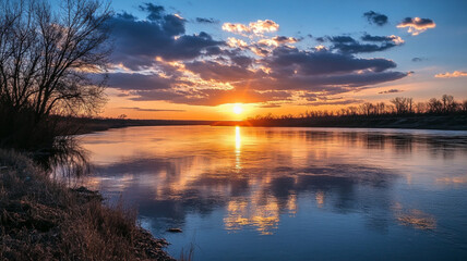 Fototapeta premium Sunset over a calm river, with vibrant orange and yellow hues reflecting on the water. The sky is filled with clouds, creating a dramatic atmosphere. Silhouettes of trees line the riverbank