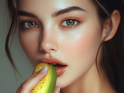 Portrait of beautiful brunette girl with Banna concept of sexual concept, closeup