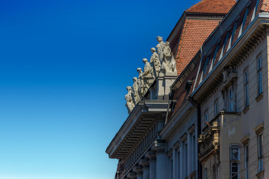 Architectural details on historical building of Croatian osiguranje in Zagreb, Croatia.