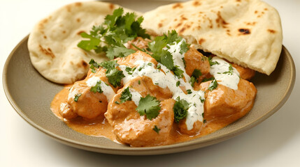 A clean plate of butter chicken garnished with fresh cream and coriander served with naan bread under bright studio lighting