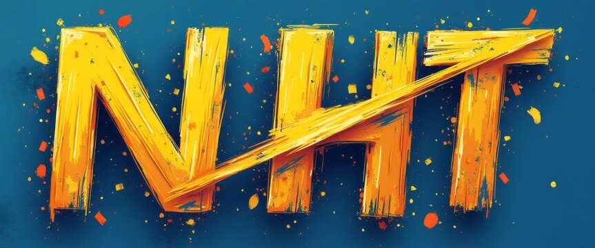 The striking NHT lettering bursts with energy, crafted in bold yellow hues against a rich blue background. Dynamic brush strokes and playful splashes of color create a lively atmosphere, making this