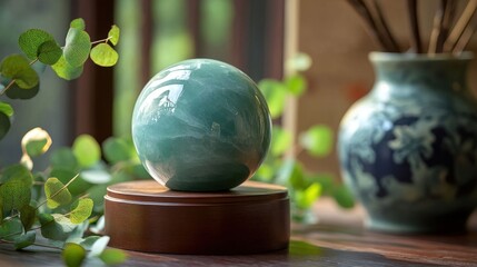 Close-up of jade sphere on pedestal.