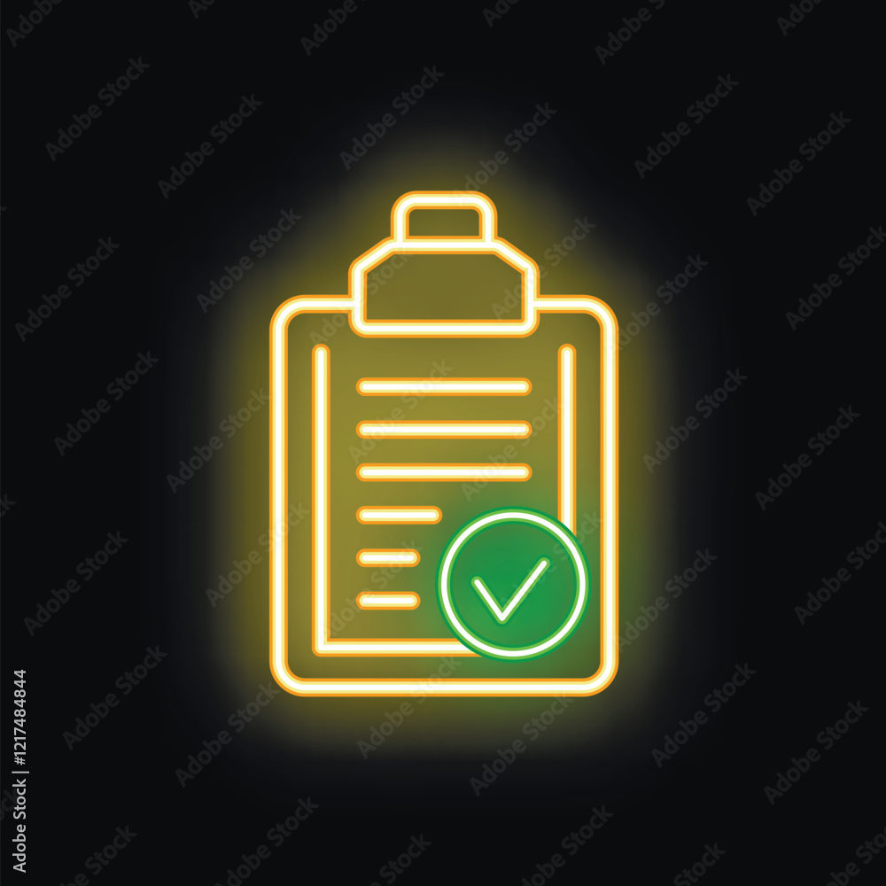 Poster glowing neon sign showing a clipboard with a checked checklist on a black background