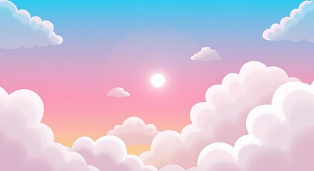 Fototapeta premium Dreamy Cartoon Background with Fluffy Clouds, Gradient Sky, and Bright Sun