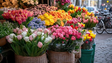 A Colorful Array of Fresh Flowers in a Street Market