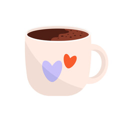 Cute coffee mug with hearts. Warm beverage illustration. Isolated on white background
