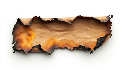 Obraz premium Burned Paper Texture: A Detailed Close-Up of a Scorched Brown Paper Fragment Against a White Background