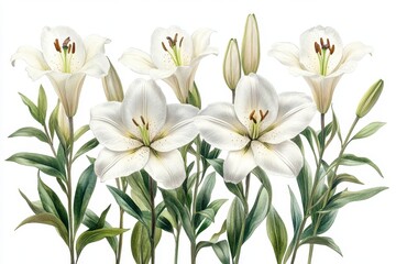 Obraz premium A detailed illustration of white lilies with green leaves and buds.