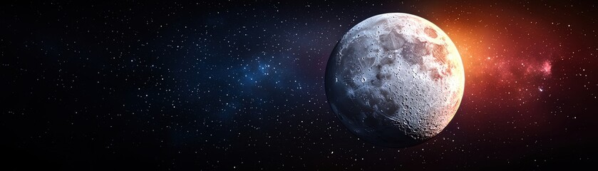 Naklejka premium Stunning view of the moon amidst a colorful cosmic backdrop, showcasing its craters.