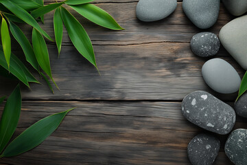Minimalist Wooden Background with Fresh Green Bamboo Leaves