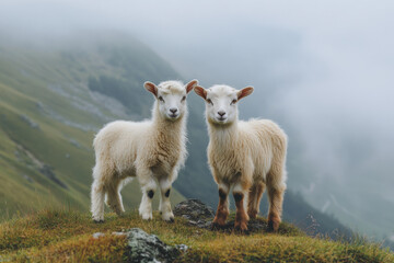 Two small goats are standing close together on a grassy hill. They appear curious and playful, with mist-covered mountains providing a serene backdrop early in the morning.