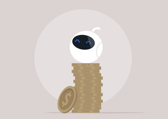 A playful robot perches confidently on a tower of golden coins, symbolizing the intersection of technology and wealth in a minimalist, imaginative environment filled with modern design elements