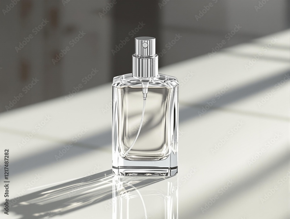 Poster a perfume bottle on a white countertop with a soft, natural light shining on it. the reflection of t