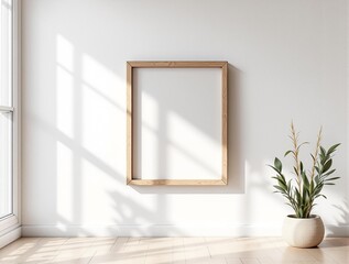 a blank, gold picture frame mounted on a white wall with a shadow cast by sunlight coming through a window. mockap