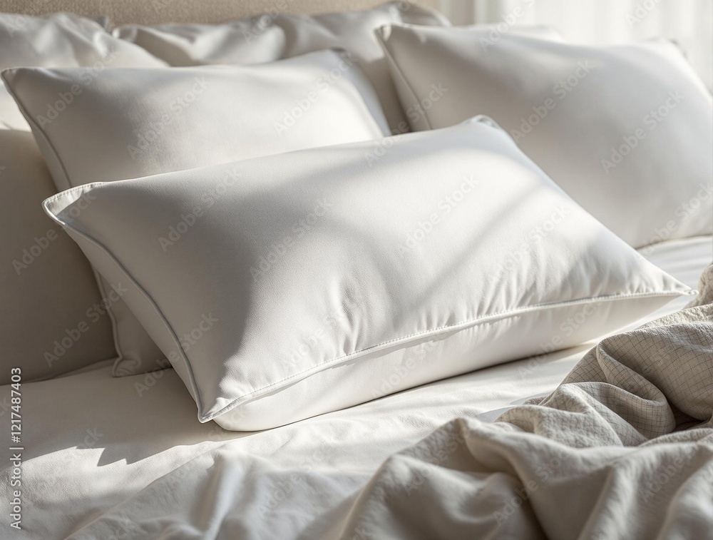 Poster a bed with white pillows and blankets, creating a clean and minimalistic aesthetic.