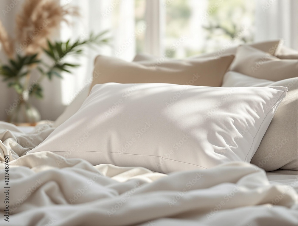 Poster a cozy bedroom scene with a neatly made bed featuring a cream-colored pillow and a blanket. There are also additional pillows and plants adding to the warm and inviting atmosphere. mockup 