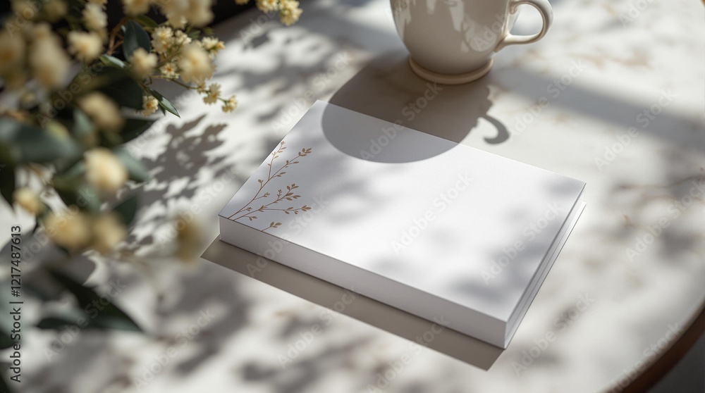 Poster a white mug with a floral design and a white book with a gold pattern on a table with a white tablecloth, backlit by sunlight. mockup 