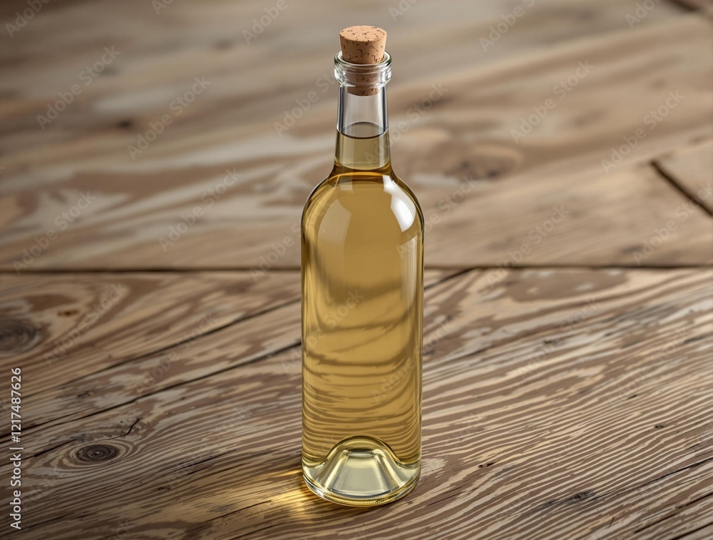 Aufkleber a bottle of oil with a cork on a wooden surface. the bottle has a clear glass with a label that is n
