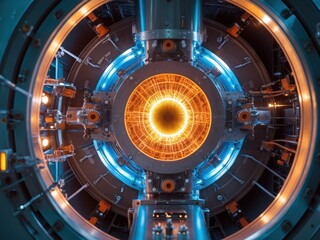 Innovative thermonuclear fusion reactor showcasing vibrant plasma and advanced technology in a controlled scientific environment