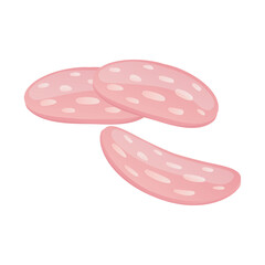 Salami slices in flat design. Deli butcher product, pepperoni sausage. Vector illustration isolated.