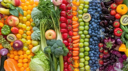 Fototapeta premium A vibrant display of fresh fruits and vegetables arranged in a rainbow pattern, showcasing a variety of colors and textures in this healthy food composition.