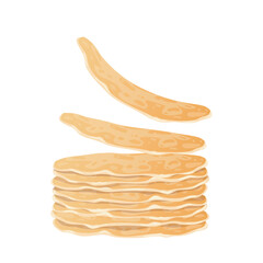 Pancakes stack in flat design. Pile of sweet morning snacks, homemade pastry. Vector illustration isolated.