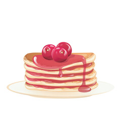 Pancakes with cranberry syrup in flat design. Stack of sweet morning snacks. Vector illustration isolated.