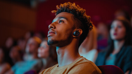 Obraz premium Young man with a hearing aid attentively watching a performance in a theater, representing inclusion, accessibility, and focus in a cultural setting.