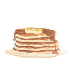 Pancakes with maple syrup in flat design. Morning pastry with banana slices. Vector illustration isolated.