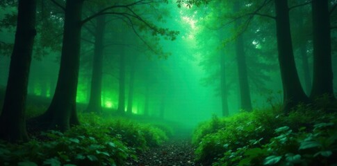 Fototapeta premium Flickering green lights dance on misty forest floor, mystic woods, dense foliage