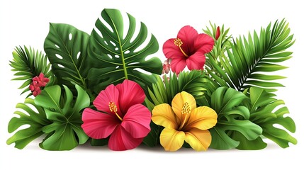 Obraz premium Tropical hibiscus flowers, lush foliage, white background, design element
