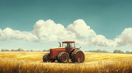 Obraz premium Tranquil Farm Scene: A Red Tractor in a Golden Wheat Field Under a Cloudy Sky