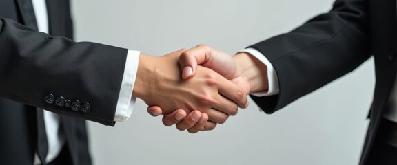 Obraz premium A close-up of two hands engaged in a firm handshake, symbolizing agreement and partnership. The image captures the essence of professionalism and collaboration, showcasing the unity between diverse